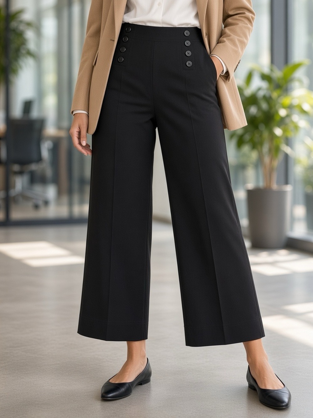 Larry Levine Stretch Black High-Waisted Capri Pants with Button Detail
